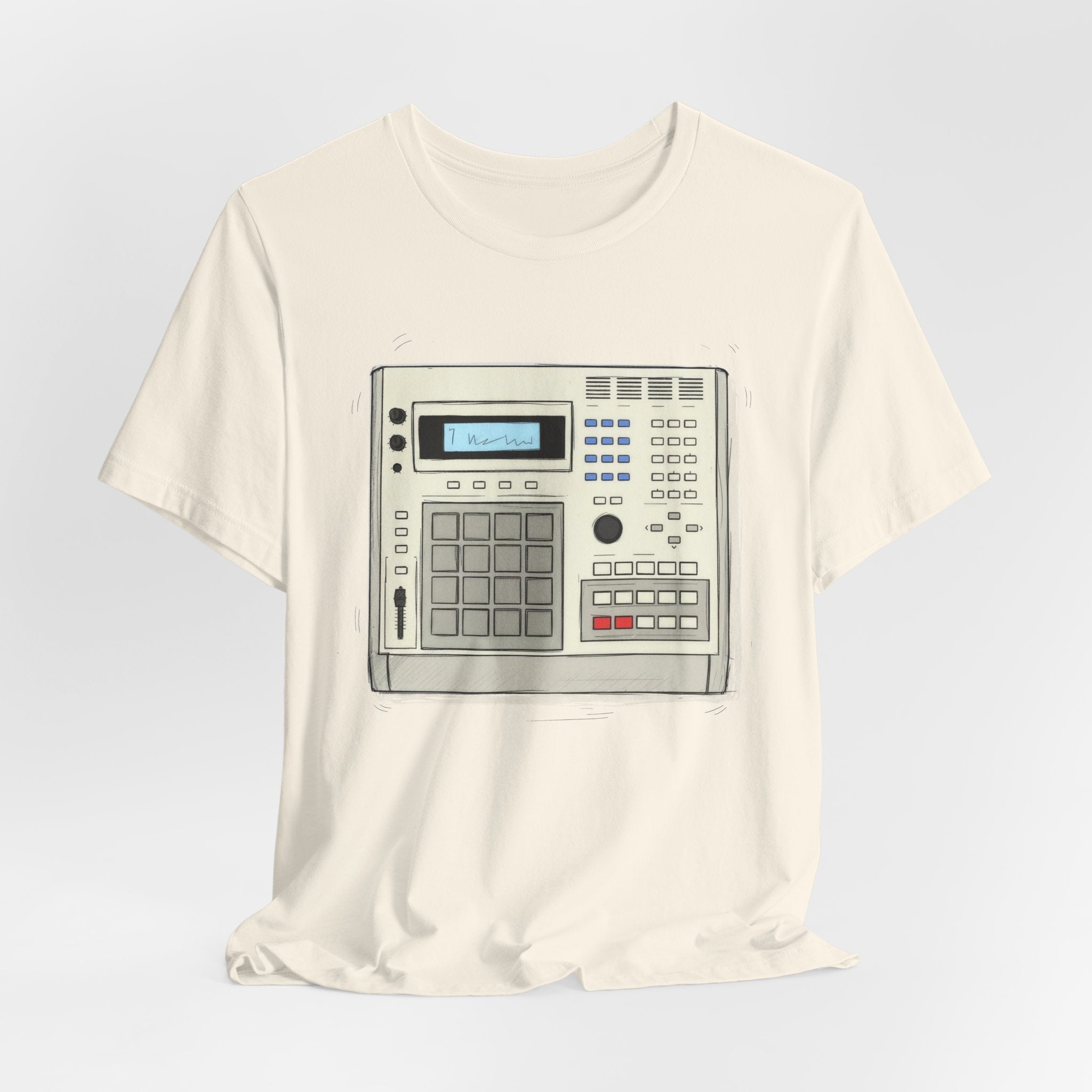 Vintage Drum Machine Graphic Natural Tee – Retro Sampler & Beatmaker Shirt for Music Producers
