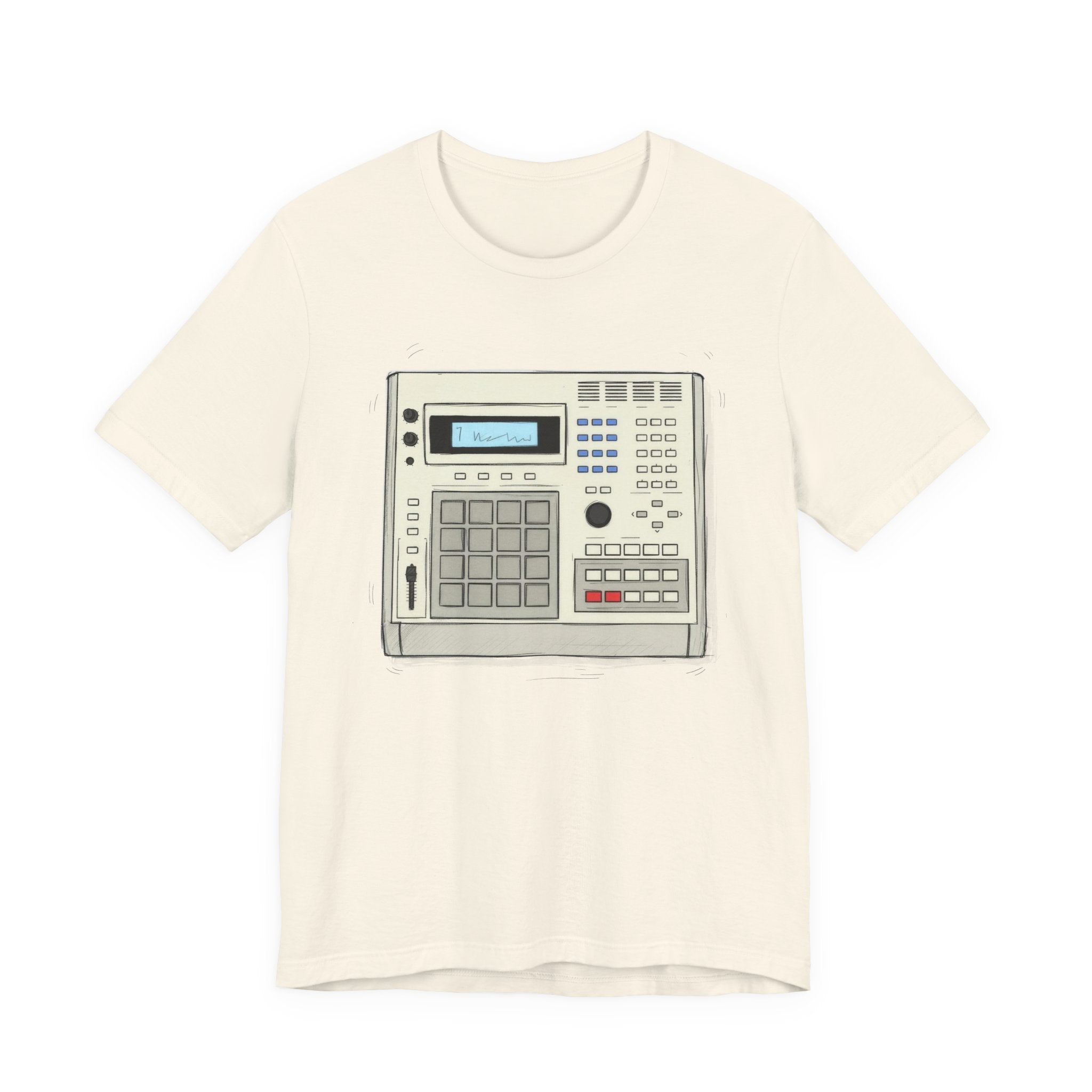 Vintage Drum Machine Graphic Natural Tee – Retro Sampler & Beatmaker Shirt for Music Producers